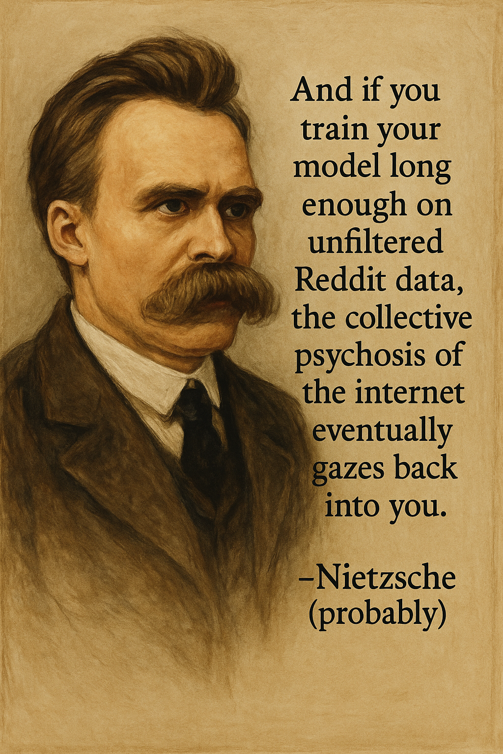 Meme de Nietzsche: Y si entrenas tu modelo suficiente tiempo con datos sin filtrar de Reddit, la psicosis colectiva de internet eventualmente te devuelve la mirada.